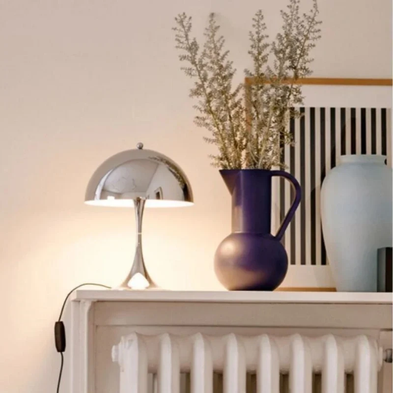 Mushroom Table Lamp Denmark Chrome Desk Light with E27 Changeable Bulb for Bedroom Living Room