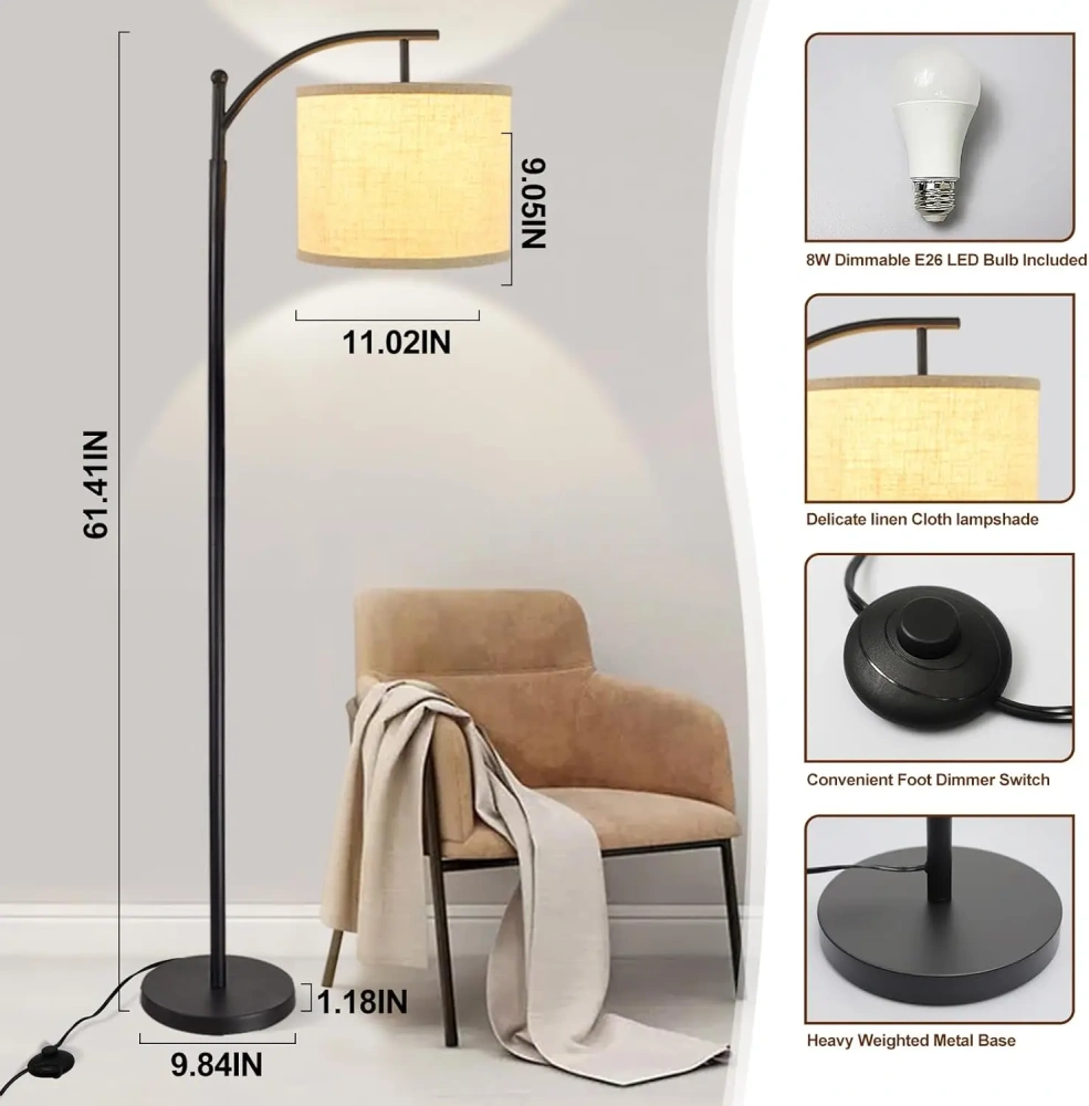 Arc Floor Lamp Modern Floor Lamp with 3 Color Temperatures Bulb Standing Lamps with Adjustable Hanging Lampshade for Living Room