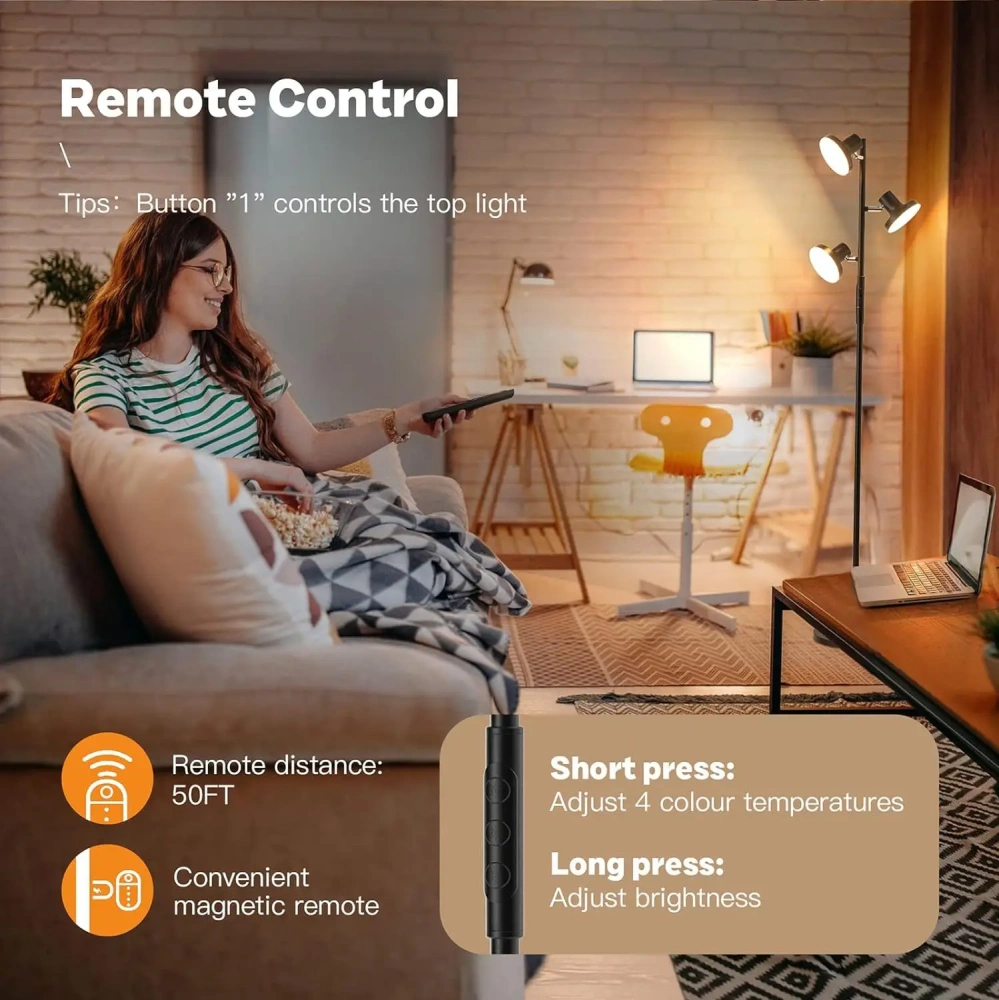Adjustable Floor Lamp LED Remote Control Rotatable Standing Lights for Living Room Bedroom Study Workbench