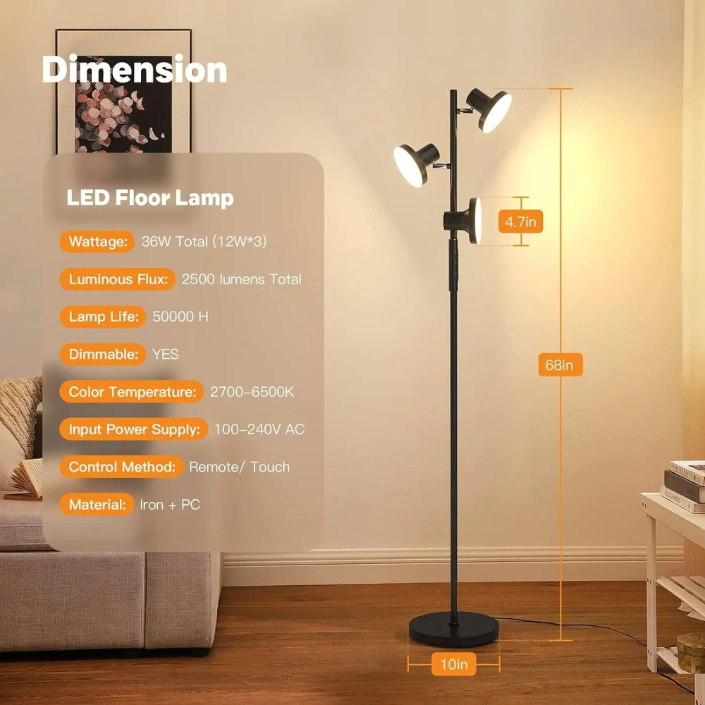 Adjustable Floor Lamp LED Remote Control Rotatable Standing Lights for Living Room Bedroom Study Workbench