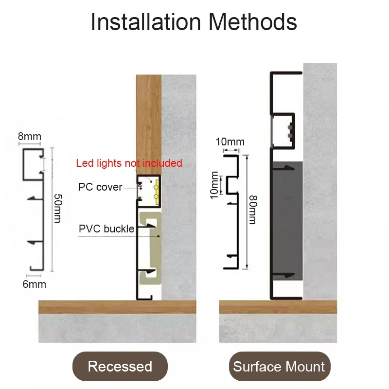 50mm 80mm LED Skirting Line Aluminium Profile Baseboard Hard Bar Light Suface Mounted Wall Skirting Channel Linear Lamp