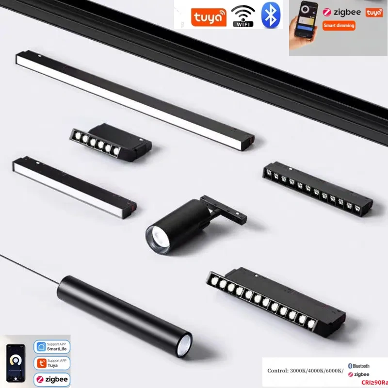 2.0 type Smart Magnetic Track Light Tuya Zigbee 3.0 DC48V LED Downlight Spot Flood Grille Lamps Mordern Home Living Room Black