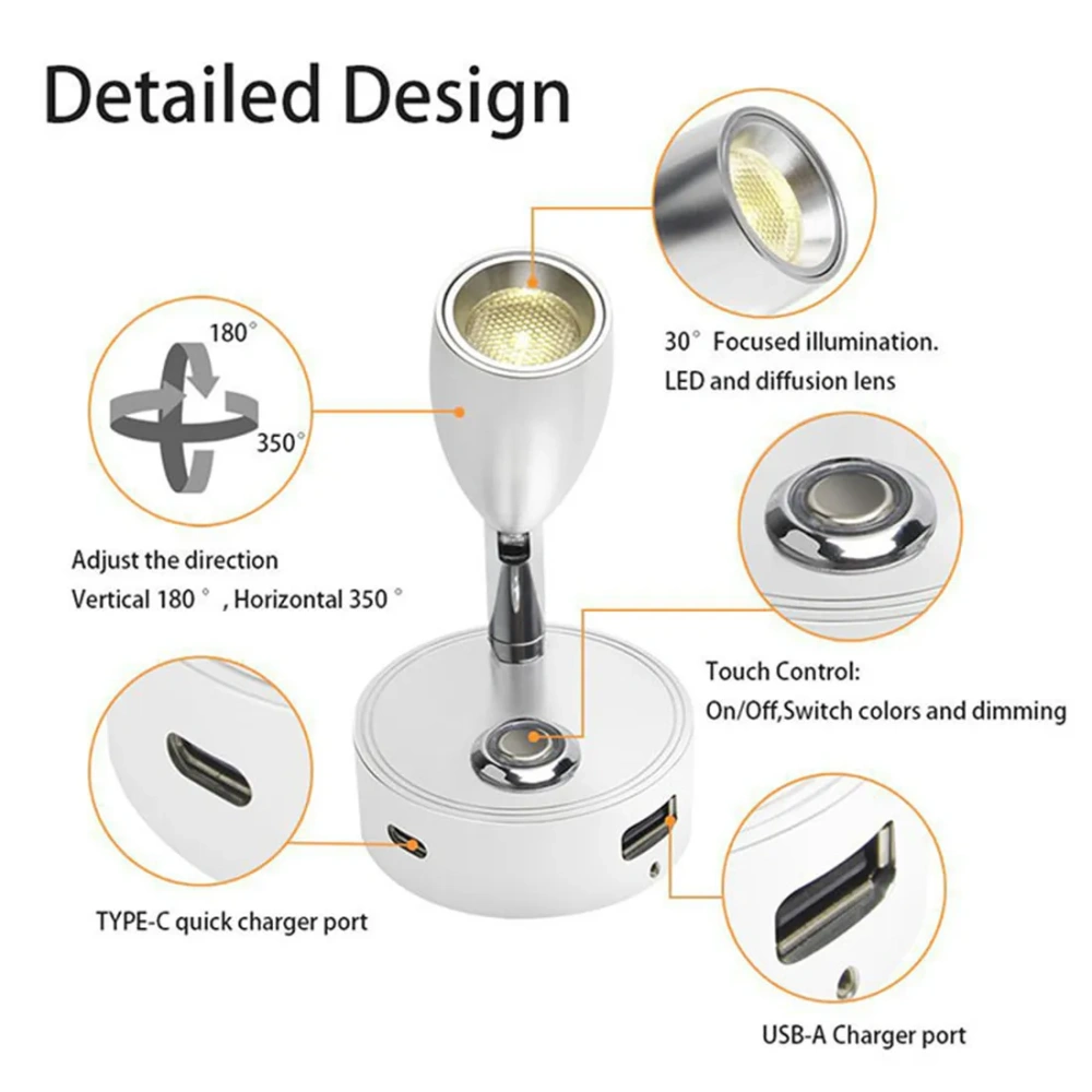 Dual USB Charging Ports 12V LED Reading Light RV Touch Dimmable Reading Lamp 3 Color USB C Charger 24 Volt Swivel Spotlight