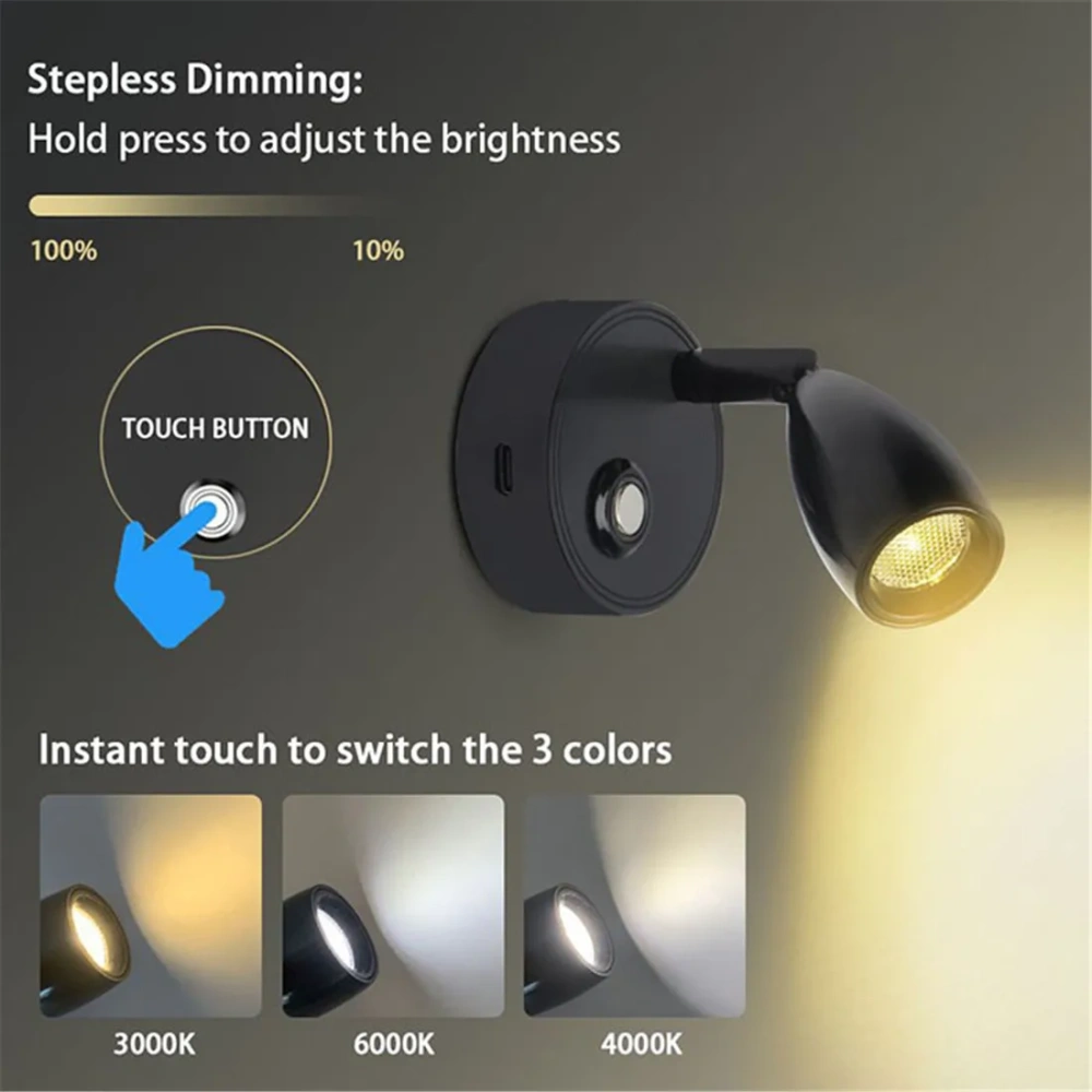 Dual USB Charging Ports 12V LED Reading Light RV Touch Dimmable Reading Lamp 3 Color USB C Charger 24 Volt Swivel Spotlight