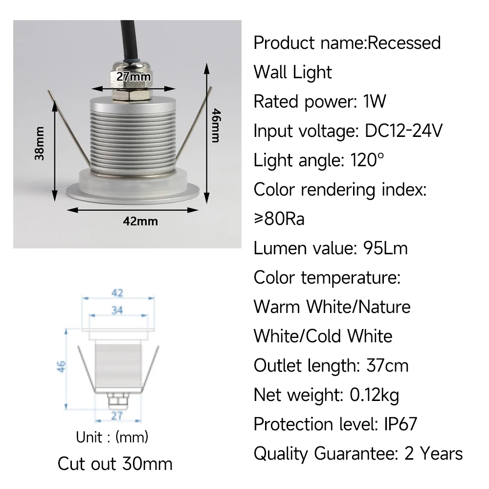 Outdoor Wall Light 1W IP67 Waterproof 12-24V Led Recessed Wall Lamp for Balcony Aisle Gate Garden Porch Yard Step&Stair Lighting