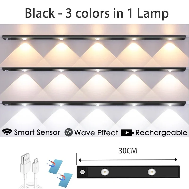 Under Cabinet Lights, Rechargeable Motion Sensor Light Indoor, Wireless and 3-Color Dimmable with Cat’s Eye Hill Effect