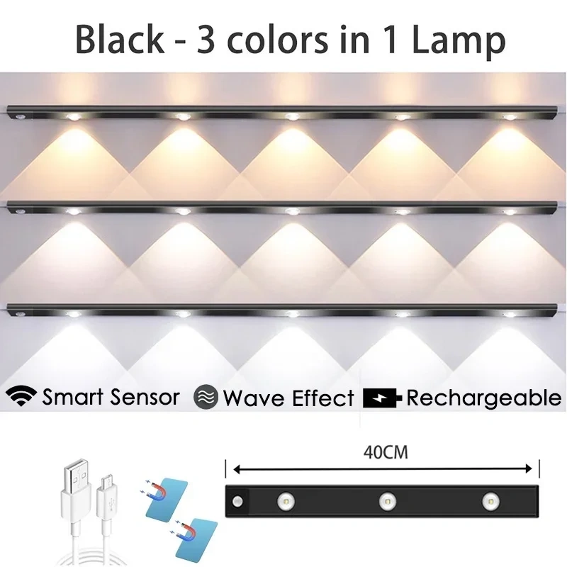 Under Cabinet Lights, Rechargeable Motion Sensor Light Indoor, Wireless and 3-Color Dimmable with Cat’s Eye Hill Effect