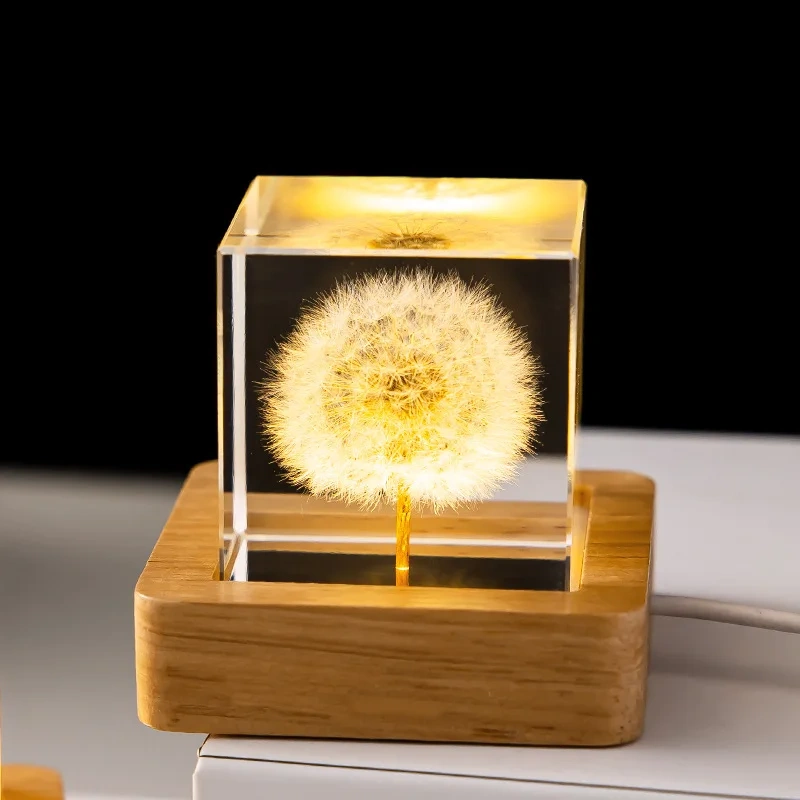 3D Dandelion Crystal Ball 5cm 6cm Luminous Immortality Flower Gift Crystal Ball Wood Stand Base Preserved Flower Sphere Ball