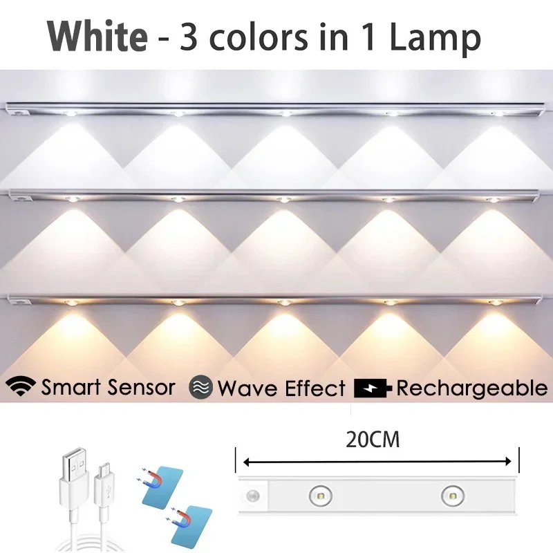 Under Cabinet Lights, Rechargeable Motion Sensor Light Indoor, Wireless and 3-Color Dimmable with Cat’s Eye Hill Effect