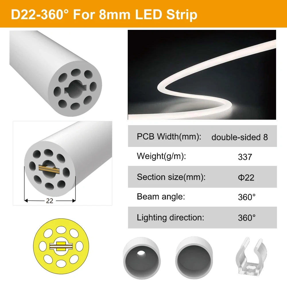 270/360 Degree Luminous Round Neon Silica Gel Tube Flexible Silicone Soft Sleeve IP67 Waterproof For 5mm-10mm SMD COB LED Strip