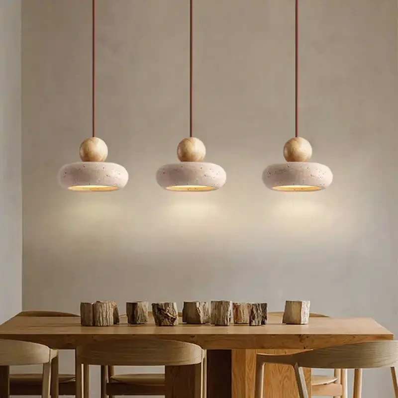 Natural stone pendant light with walnut wood finish