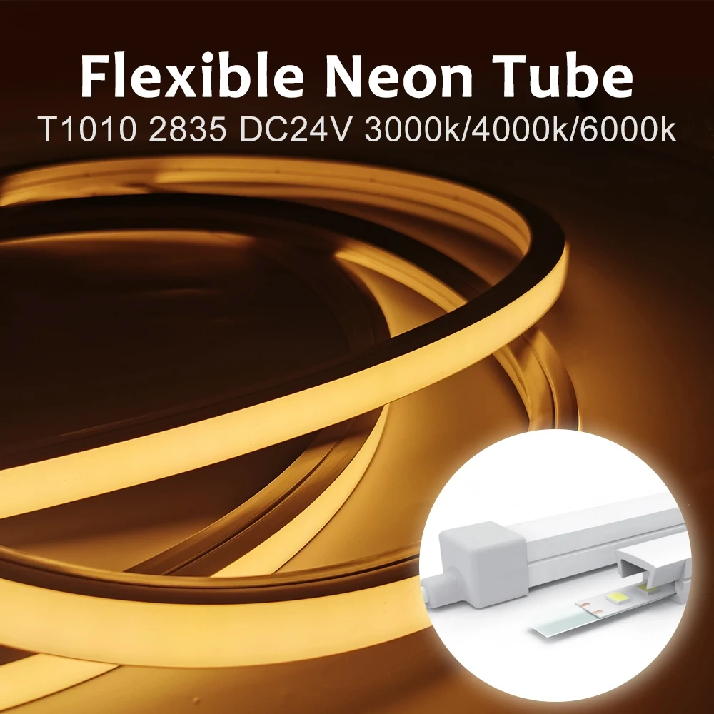 DC24V 2835 Led Neon Strip 10x10mm Flexible Silicon Tube Embedded Line Light Flexible Bendable 3000K 4000K 6000K IP67 Waterproof