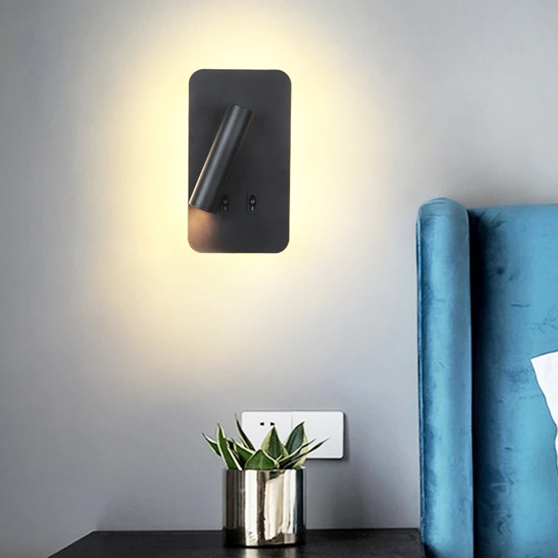 Black rectangular bedside LED wall lamp with switch