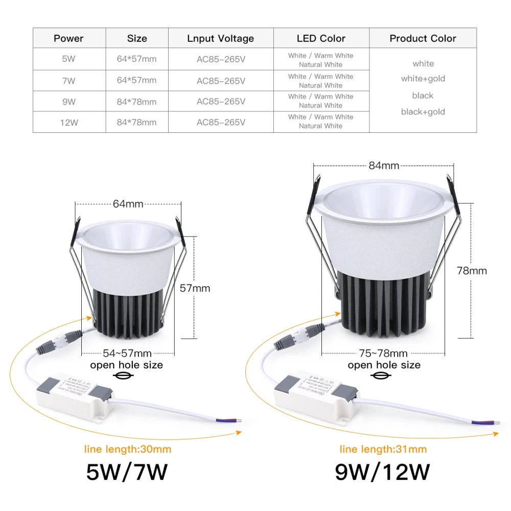 High Quality Recessed Aluminum COB LED Spot Light 7W 12W LED Spotlight Bulb 110V 220V Downlight Ceiling Lamp Home Lighting Decor