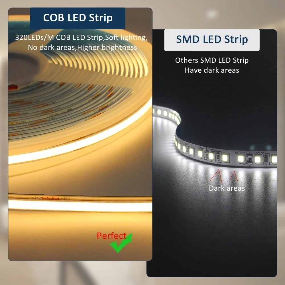 24V COB LED Strip Light 5m 10m High Brightness Flexible Ribbon Linear Light Warm White 320LEDs/m FCOB Lamp Tape for Room Decor