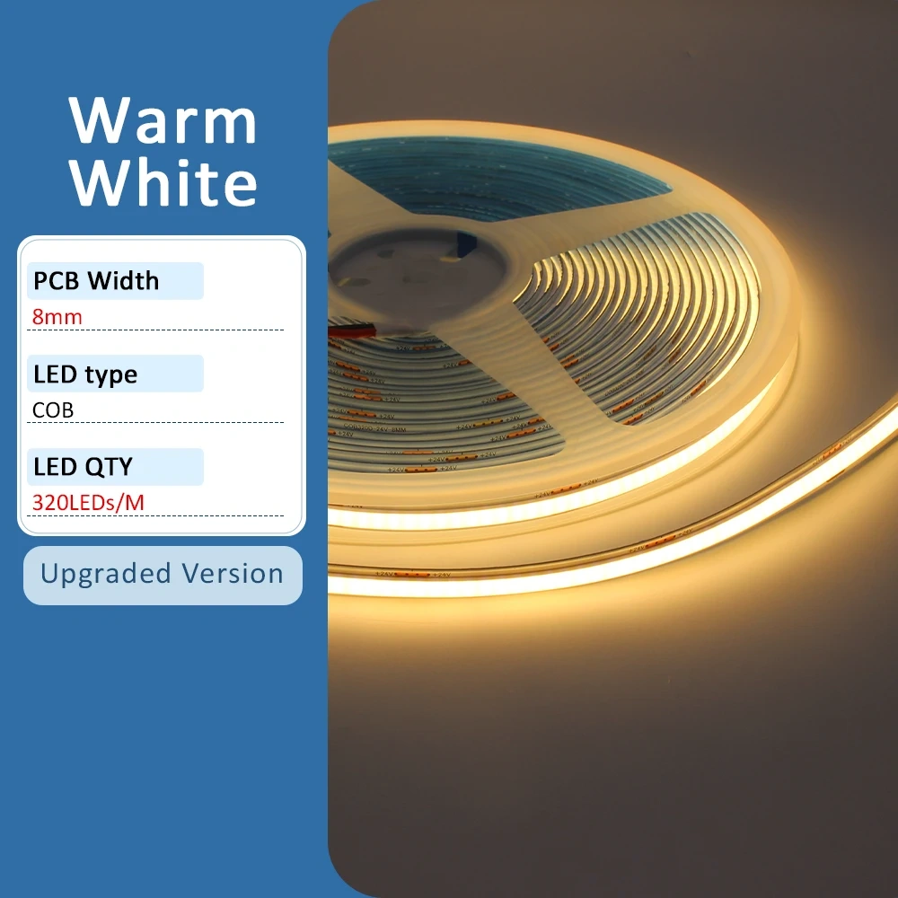 24V COB LED Strip Light 5m 10m High Brightness Flexible Ribbon Linear Light Warm White 320LEDs/m FCOB Lamp Tape for Room Decor