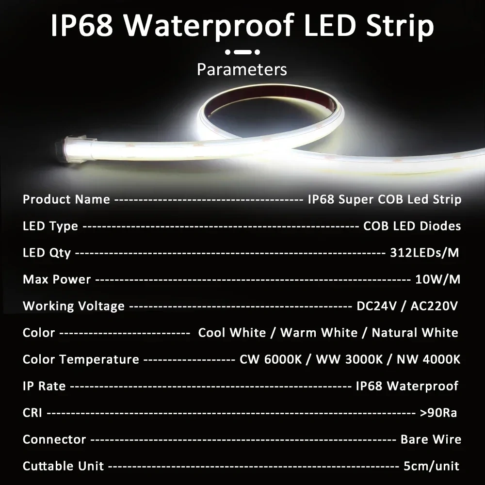 Super COB LED Strip Light IP68 Waterproof DC24V AC220V High Quality Underwater Outdoor Flexible Tape 312Leds/M Ribbon for Pool