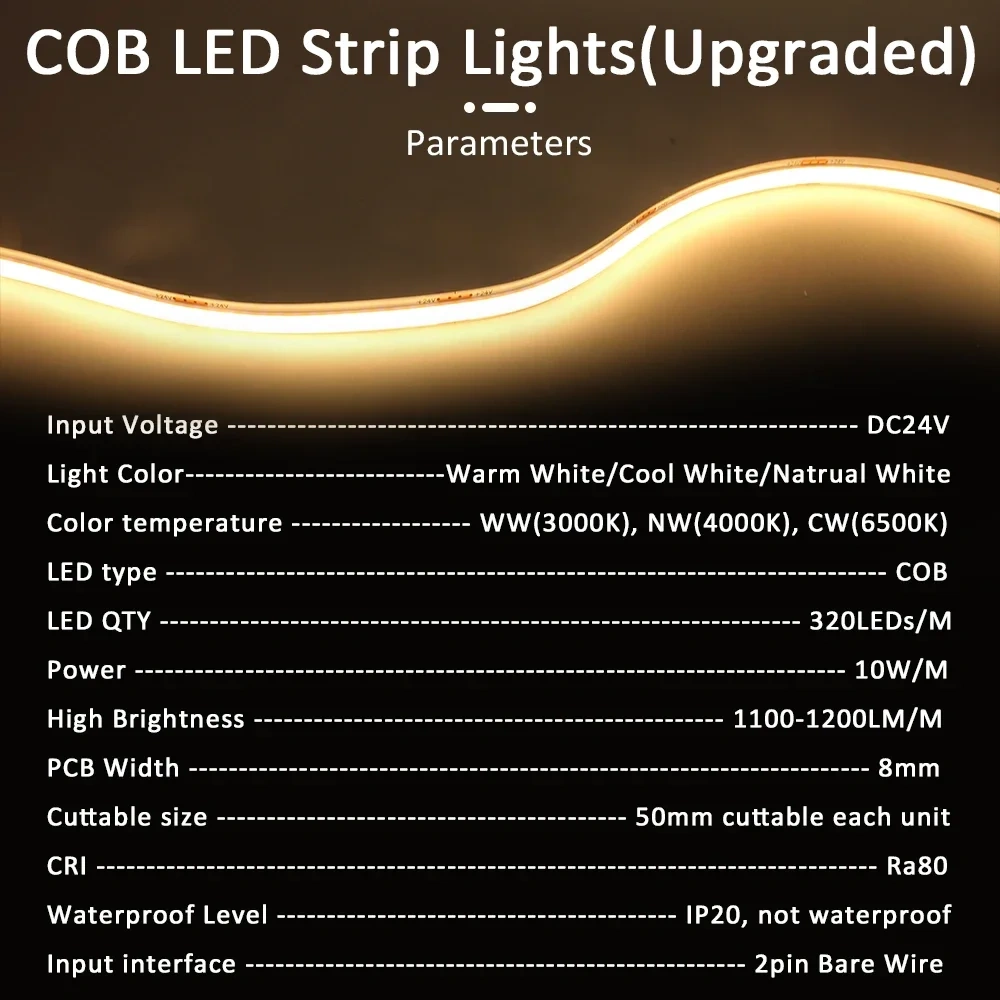 24V COB LED Strip Light 5m 10m High Brightness Flexible Ribbon Linear Light Warm White 320LEDs/m FCOB Lamp Tape for Room Decor