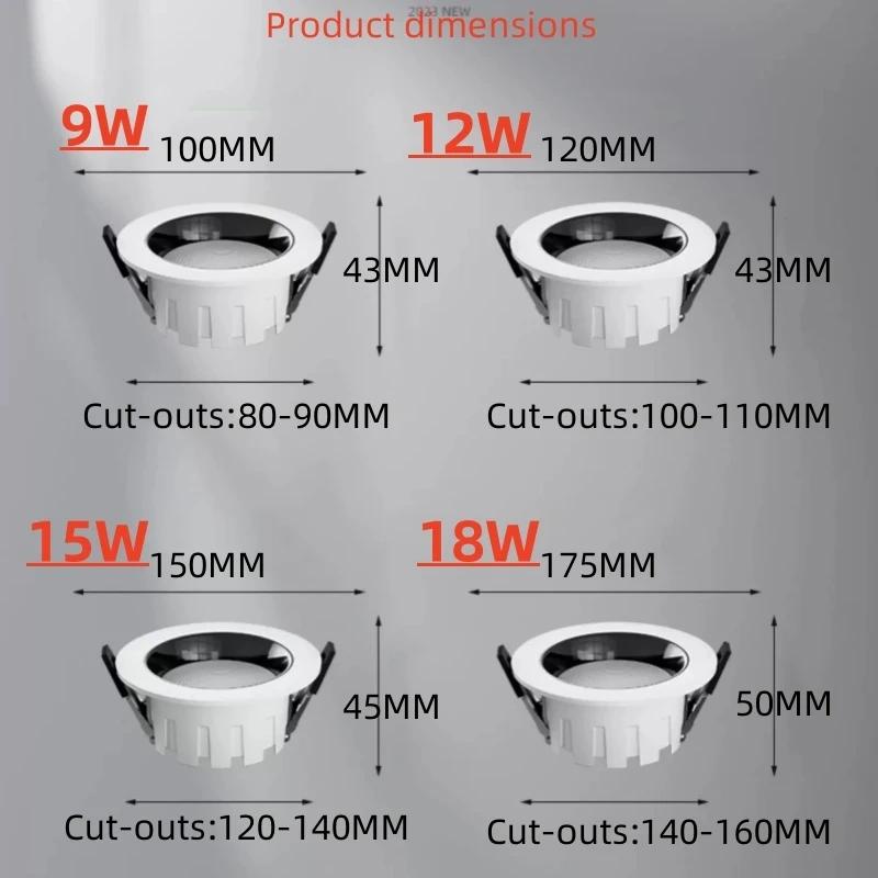 Recessed Anti-glare LED COB Downlight 9W12W15W18W  Dimmable 85-265V Ceiling Lamp Spot Light 12W 15W Home Living Room Bedroom Lig