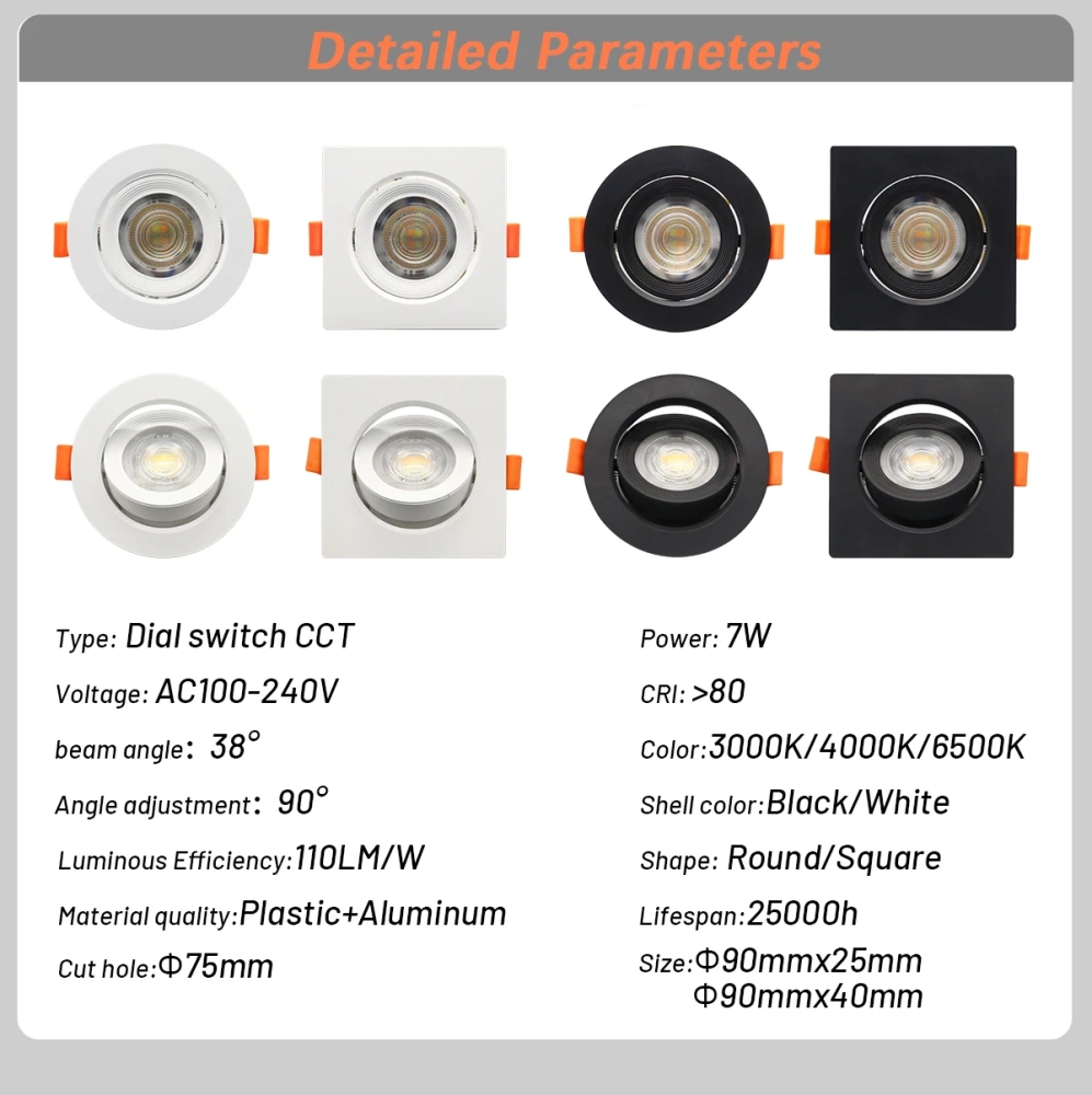 1-10pcs LED Change color 3 CCT 3000K 4000K 6000K LED Ceiling Spotlight embedded light 7W AC 110V 220V Adjust 90° lighting Spot