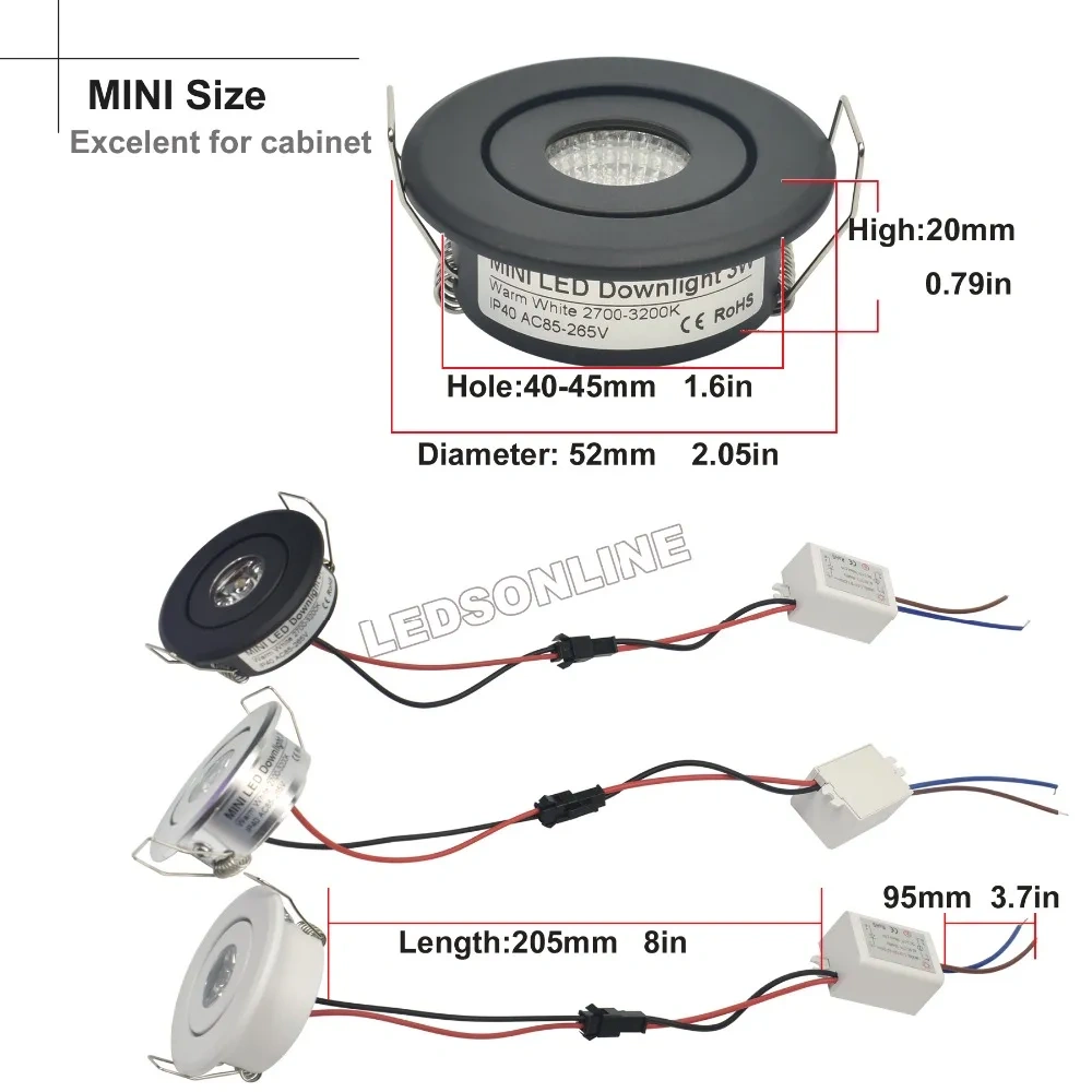 12V Mini COB Ceiling Light 3W Showcase Jewery Cabinet Lighting LED Spot Light Cut Out Hole 40-45mm