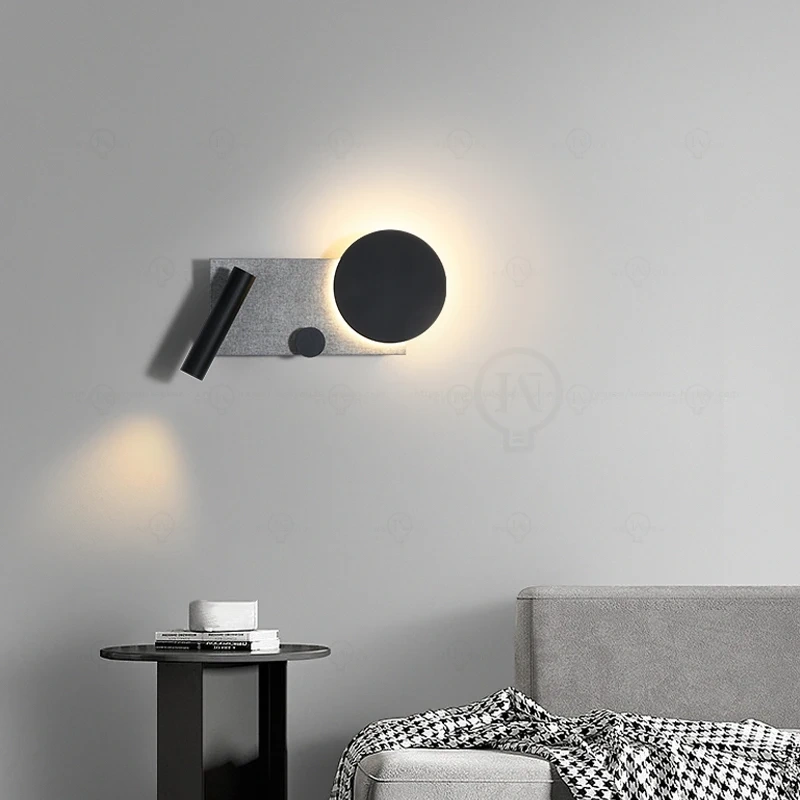 Bedroom bedside black wall lamp with switch and spotlight, simple and modern Nordic study wall lamp angle adjustable