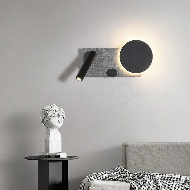 Bedroom bedside black wall lamp with switch and spotlight, simple and modern Nordic study wall lamp angle adjustable