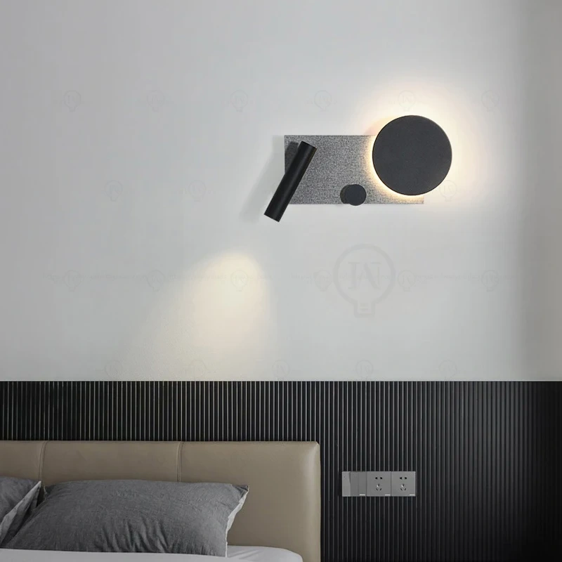 Bedroom bedside black wall lamp with switch and spotlight, simple and modern Nordic study wall lamp angle adjustable