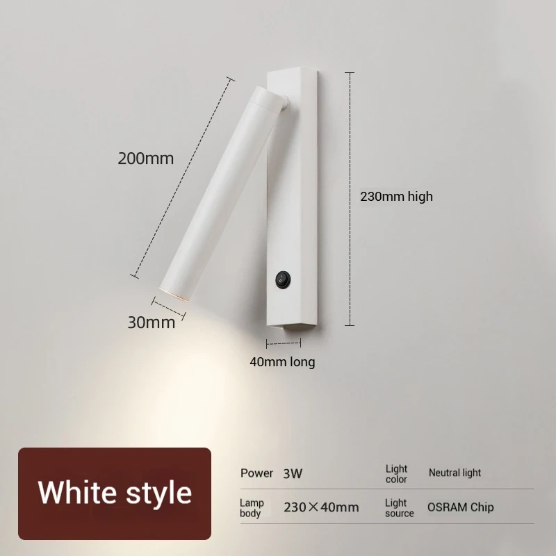 Minimalist Rotate Wall Sconce with Switch Home Decor Study Bedroom Bedside Reading Lamp Spotlight LED Adjustable Angle Wall Lamp