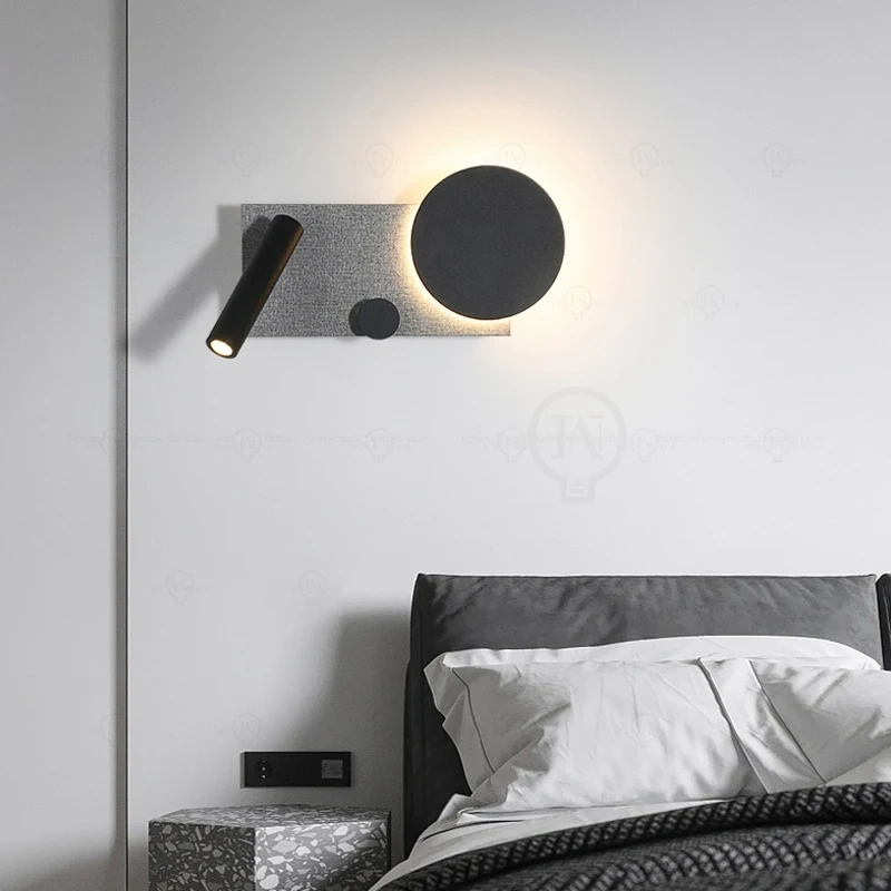 Bedroom bedside black wall lamp with switch and spotlight, simple and modern Nordic study wall lamp angle adjustable