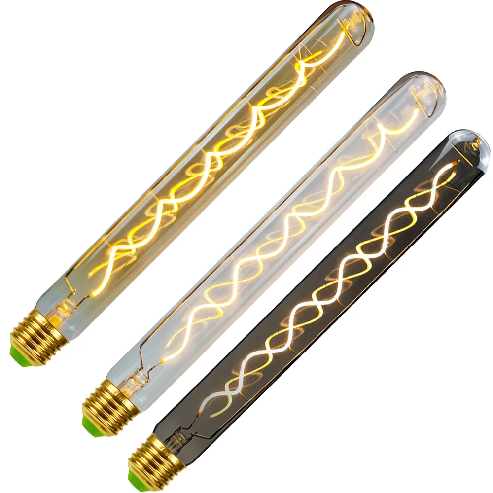 E27 long tube LED filament bulbs in amber, clear and smoke finishes