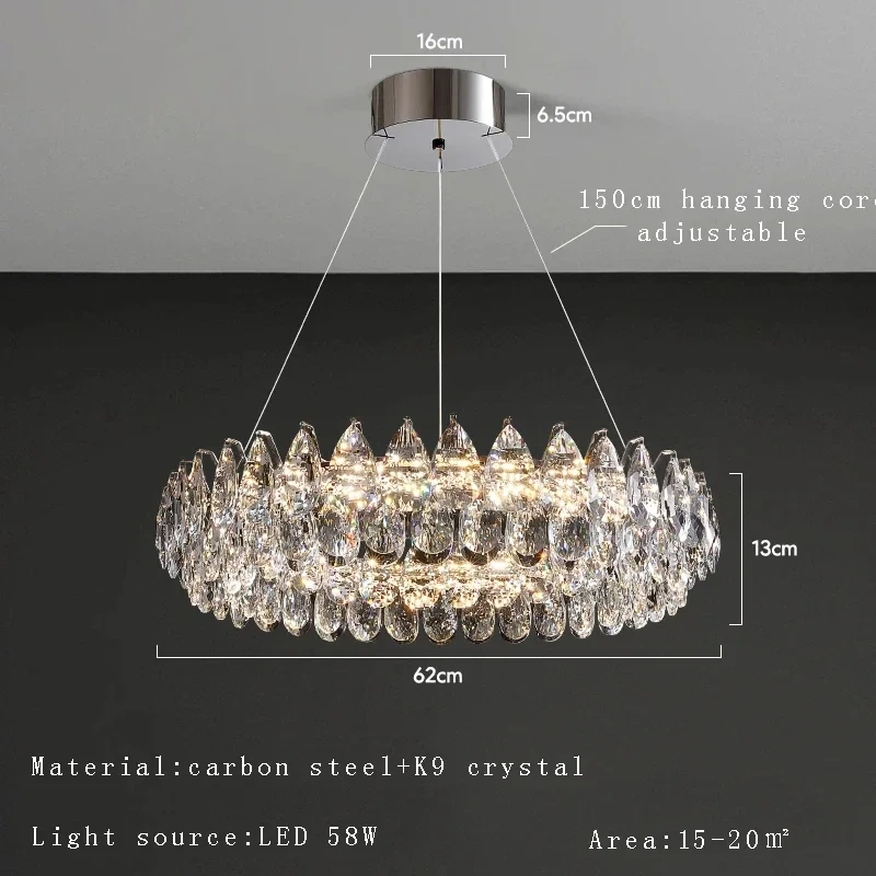 Round K9 Crystal Chandeliers For Living Room Crystal Large Lighting Dining Chrome Crystal Hanging Lamp Chandelier
