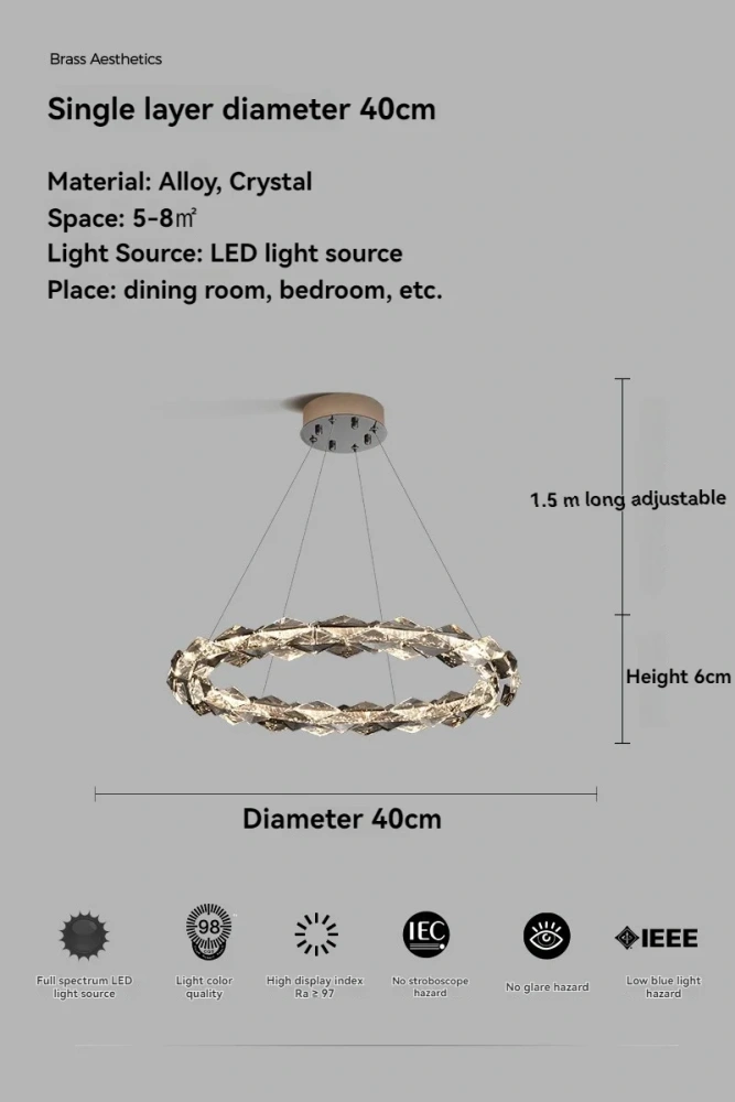 Modern Luxury Crystal Chandelier Round Ring Pendant Light for Living Dining Room Bedroom LED Hanging Lamp Home Decor Lighting