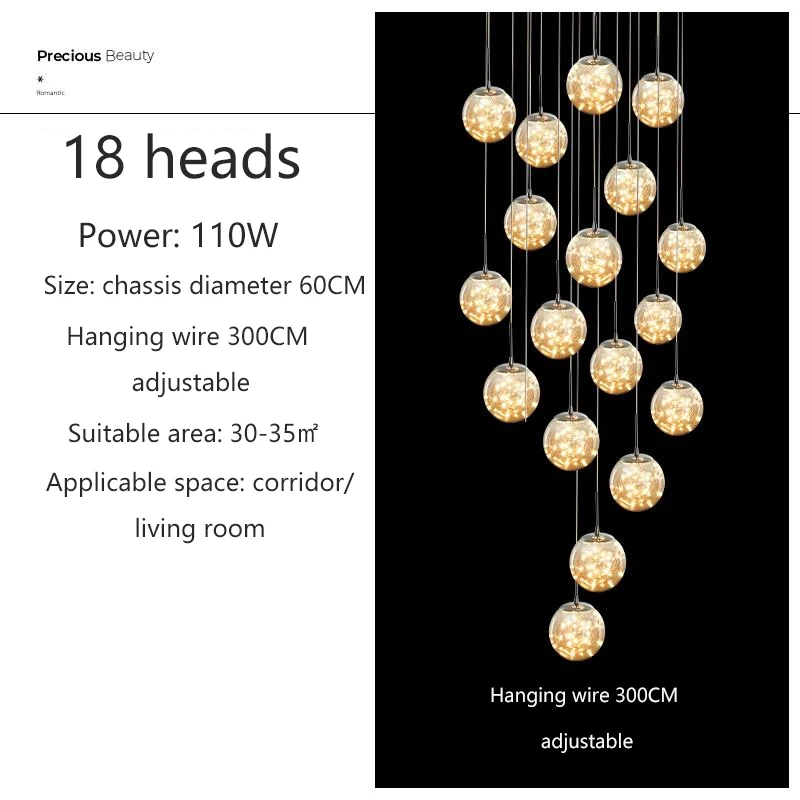 Modern LED Glass Ball Dimmable Chandelier Staircase Lustre Living Room Chandelier Lustre Home Decoration Ceiling Chandelier