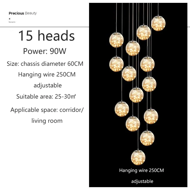 Modern LED Glass Ball Dimmable Chandelier Staircase Lustre Living Room Chandelier Lustre Home Decoration Ceiling Chandelier