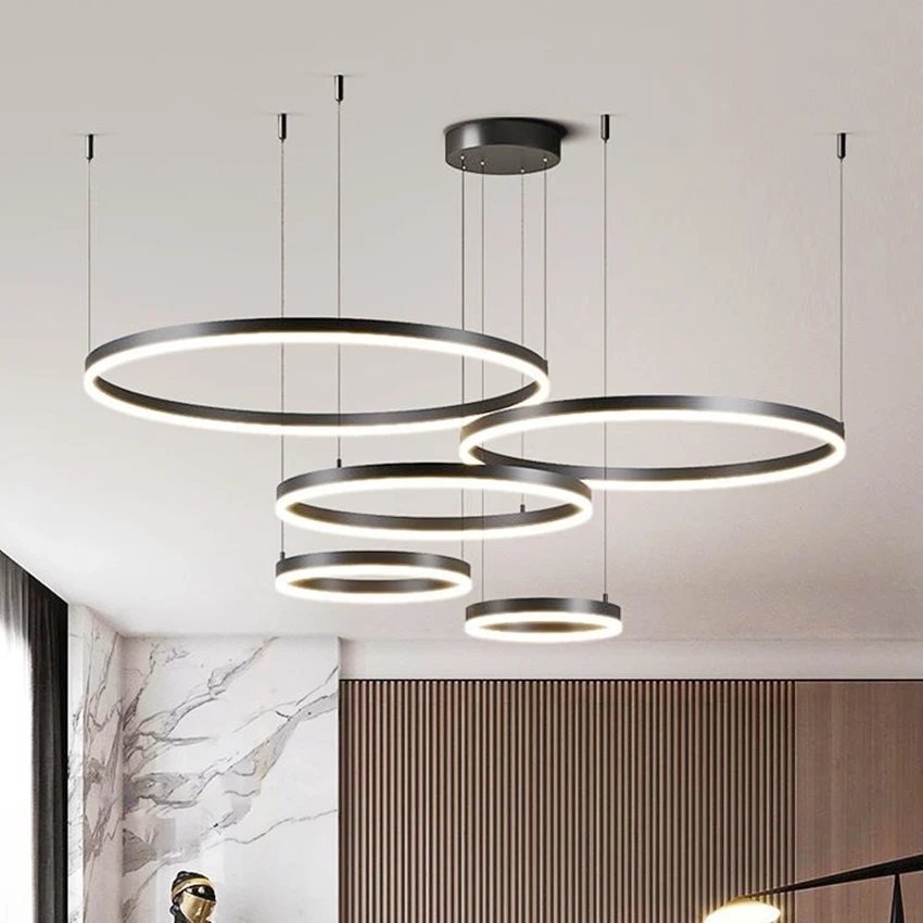 Modern Led Pendant Lights Home Lighting Brushed Rings Ceiling Mounted Chandelier Round Hanging Lamp Gold Coffee Color Lustre