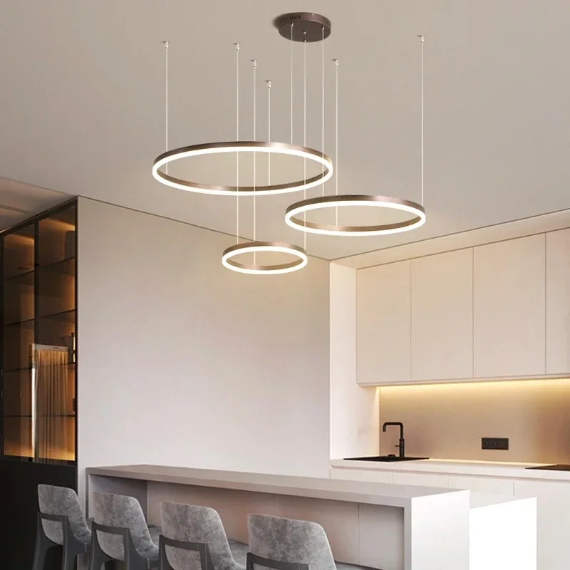 Modern Led Pendant Lights Home Lighting Brushed Rings Ceiling Mounted Chandelier Round Hanging Lamp Gold Coffee Color Lustre