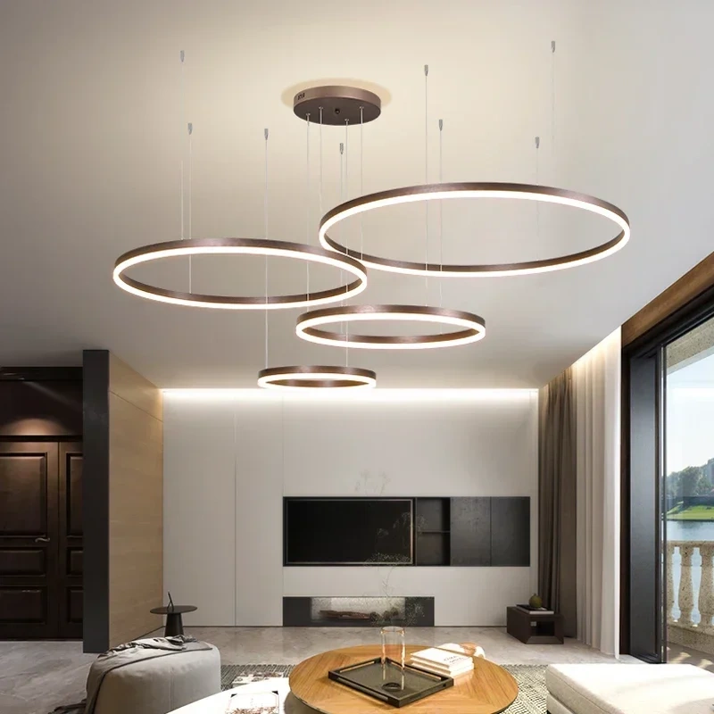 Modern Led Pendant Lights Home Lighting Brushed Rings Ceiling Mounted Chandelier Round Hanging Lamp Gold Coffee Color Lustre