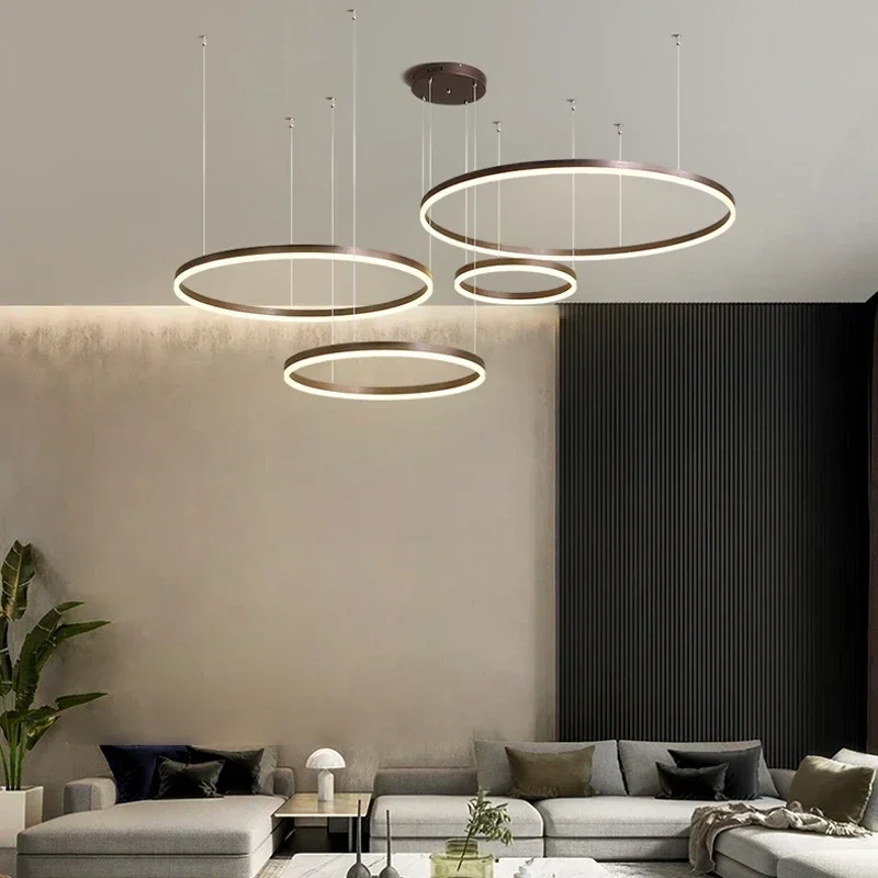 Modern Led Pendant Lights Home Lighting Brushed Rings Ceiling Mounted Chandelier Round Hanging Lamp Gold Coffee Color Lustre