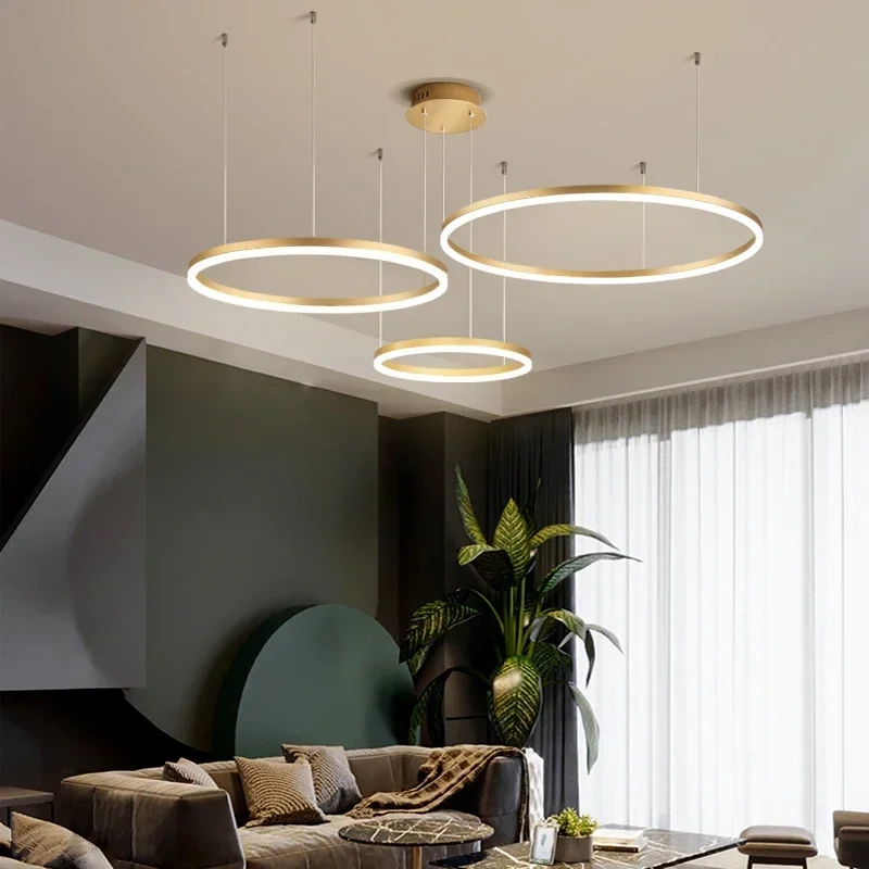 Modern Led Pendant Lights Home Lighting Brushed Rings Ceiling Mounted Chandelier Round Hanging Lamp Gold Coffee Color Lustre