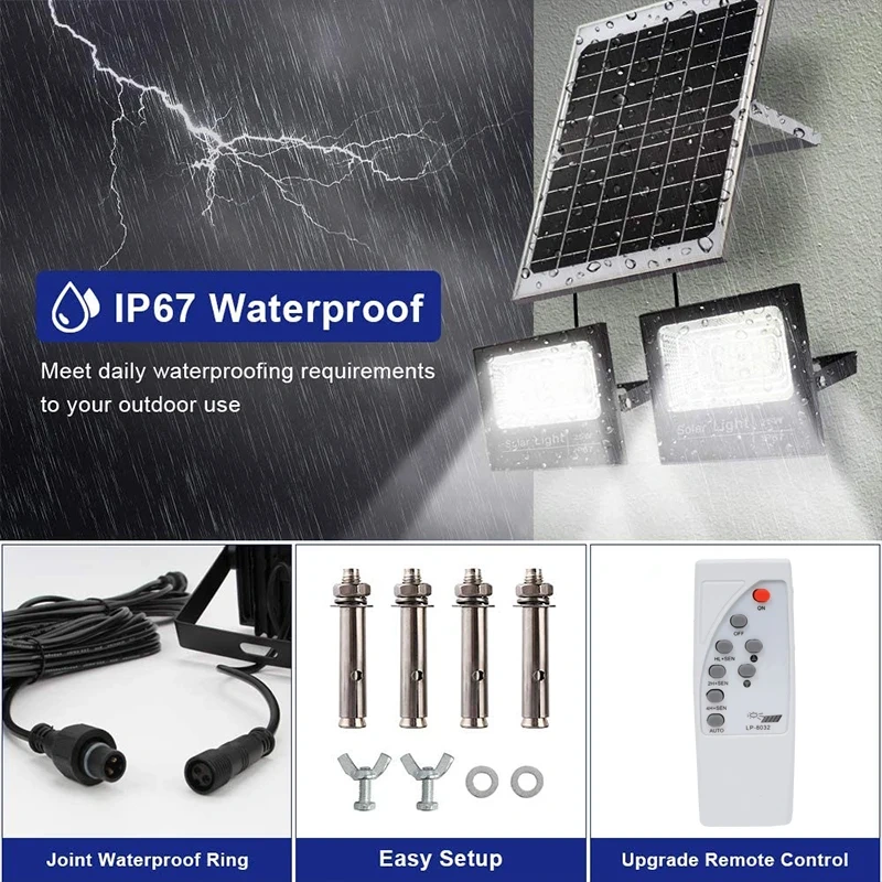 400W Led Solar Light High bright 2 Head Flood Light Waterproof Outdoor Garden wall light with Aluminum solar panel For garden