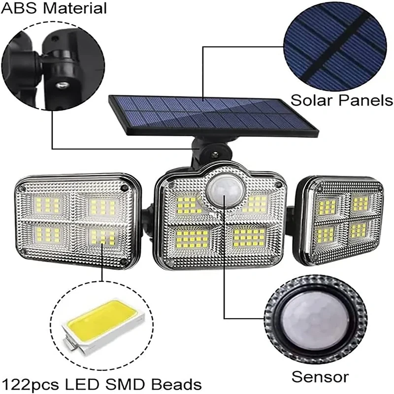 1 PACK Outdoor Motion Sensor Lamp, 4-Head Solar Power Light, 122 LED Solar Light, Flood Lights ,3000 Lumens,270° Lighting  Range