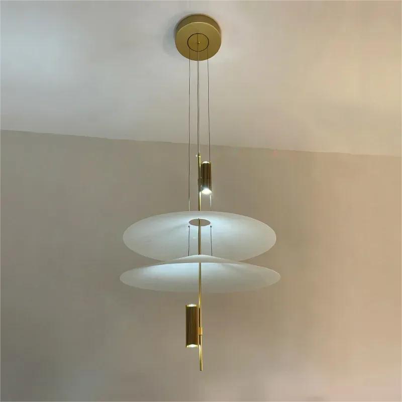 Italian Gold Pole Acrylic Lampshade Villa LED Chandelier Restaurant Bar Exhibition Hall Lighting Simple Layered Pendant Light