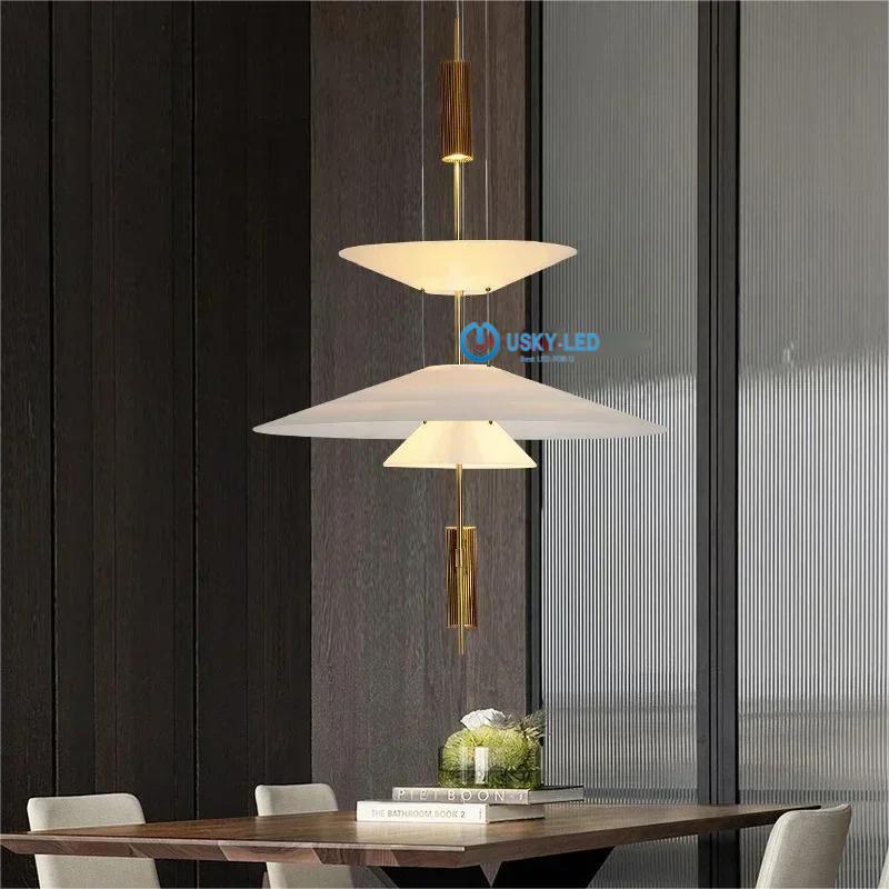 Italian Gold Pole Acrylic Lampshade Villa LED Chandelier Restaurant Bar Exhibition Hall Lighting Simple Layered Pendant Light