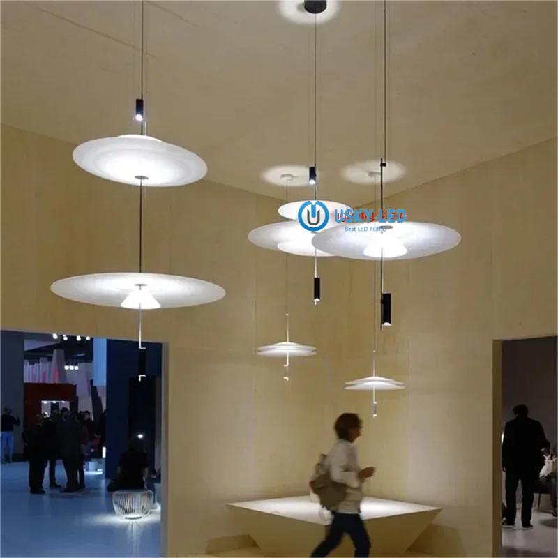 Italian Gold Pole Acrylic Lampshade Villa LED Chandelier Restaurant Bar Exhibition Hall Lighting Simple Layered Pendant Light