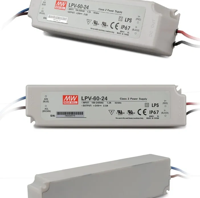 LPV-60-5/LPV-60-12/LPV-60-24; meanwell band waterproof switch mode led power supply;AC100-240V input
