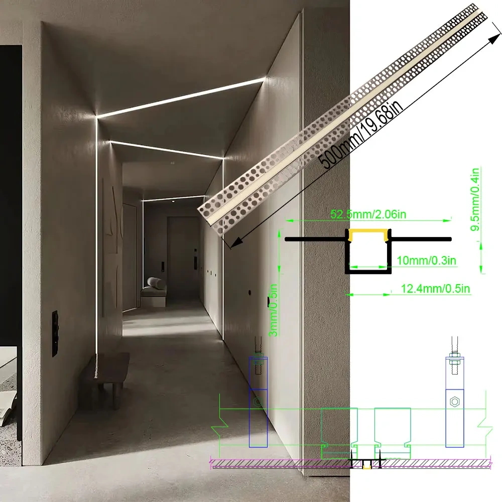 Embedded aluminium LED strip profile plaster in for ceiling installations providing atmospheric lighting in various spaces
