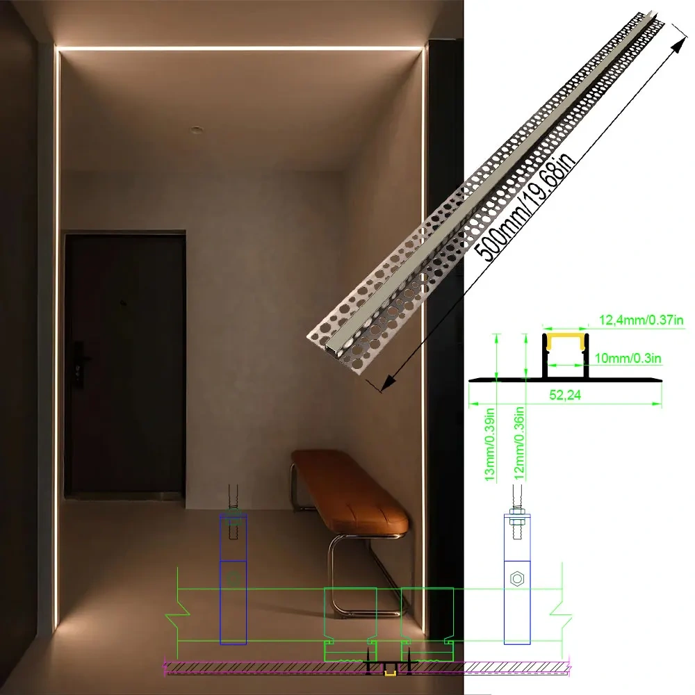 Embedded aluminium LED strip profile plaster in for ceiling installations providing atmospheric lighting in various spaces