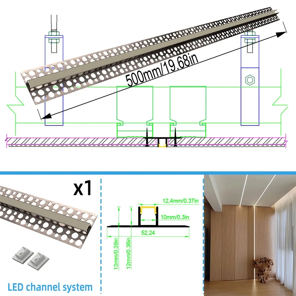 Embedded aluminium LED strip profile plaster in for ceiling installations providing atmospheric lighting in various spaces