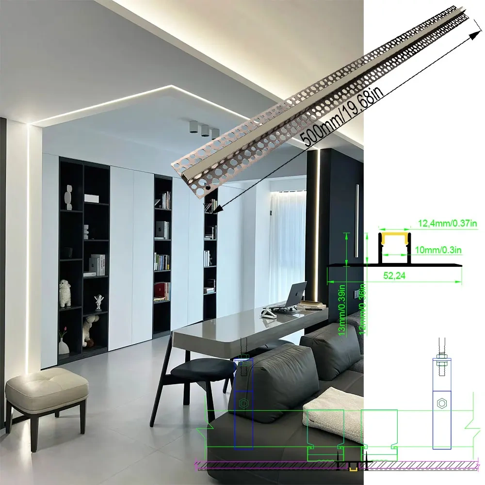 Embedded aluminium LED strip profile plaster in for ceiling installations providing atmospheric lighting in various spaces